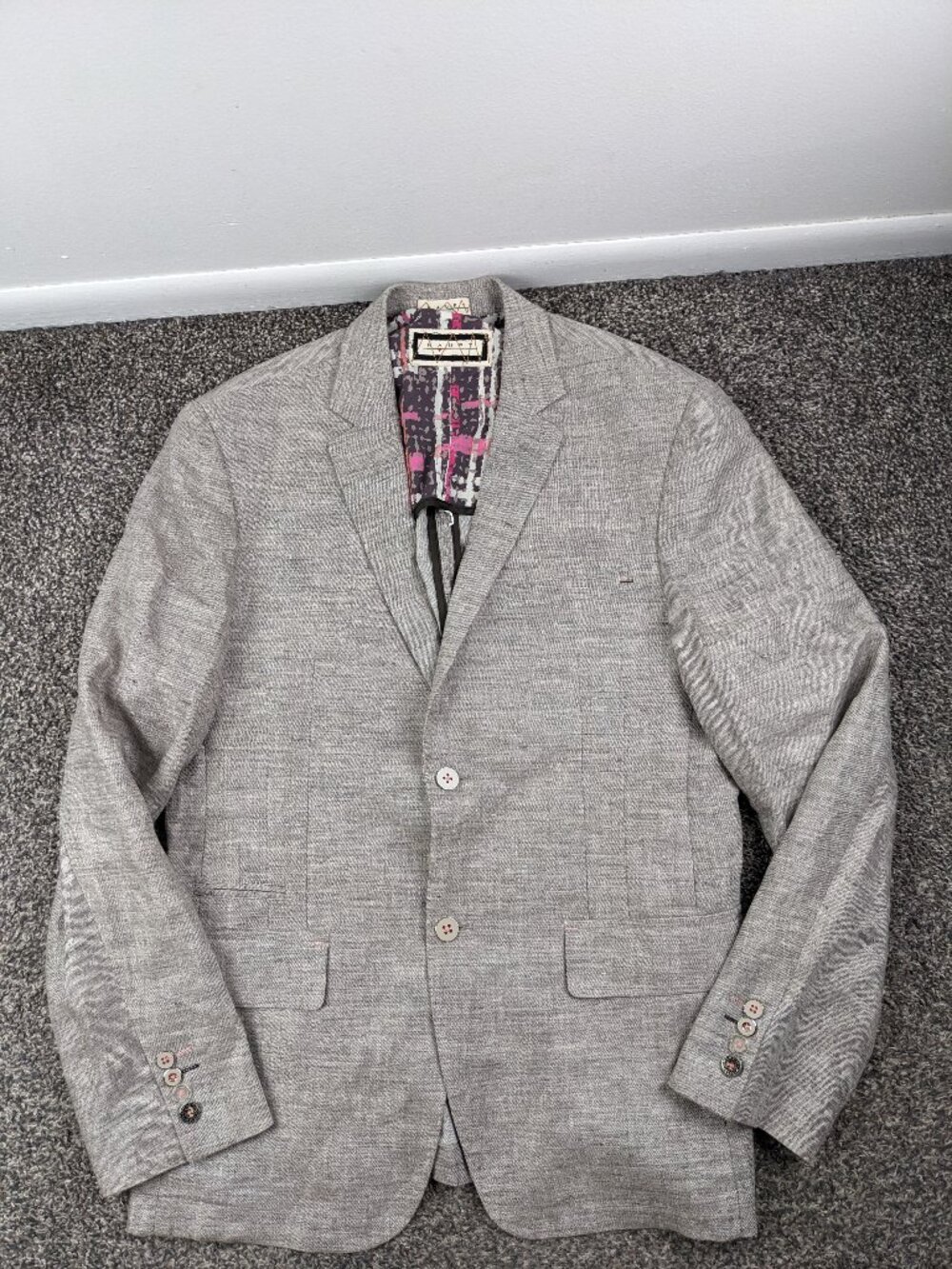 Haupt 100% Linen Sport Coat Metal Buttons Gray Beige 42R